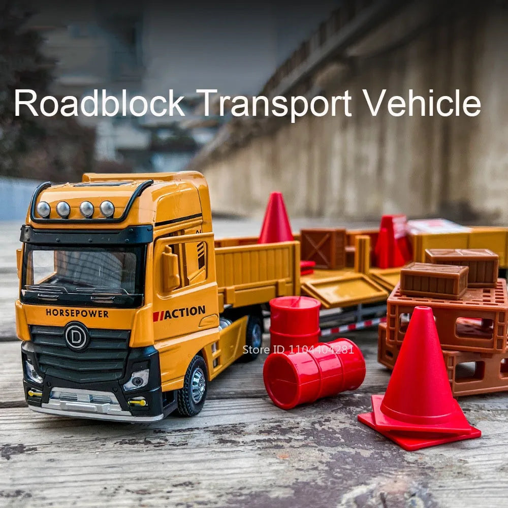 1:32 Roadblock Transport Truck Flatbed Trailer Model Toys Diecast Alloy Car Doors Opened Sound Light Pull Back Vehice Boy's Puzz