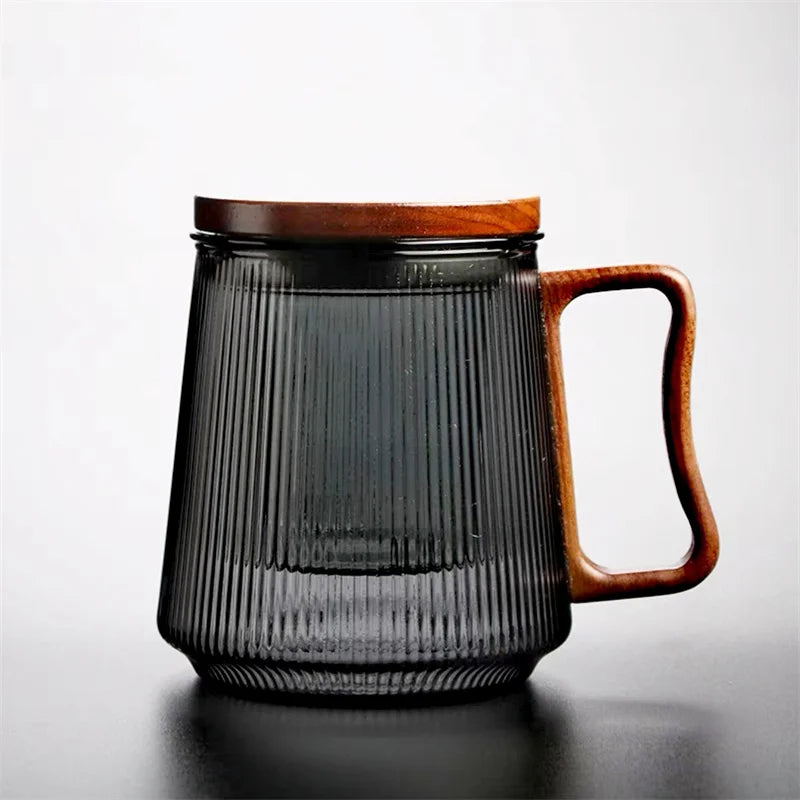 500ML Stripe Heat Resistant Glass Tea Water Separation Tea Cup With Wood Handle Filter Brewing Puer Cups Kung Fu Tea Mug Set