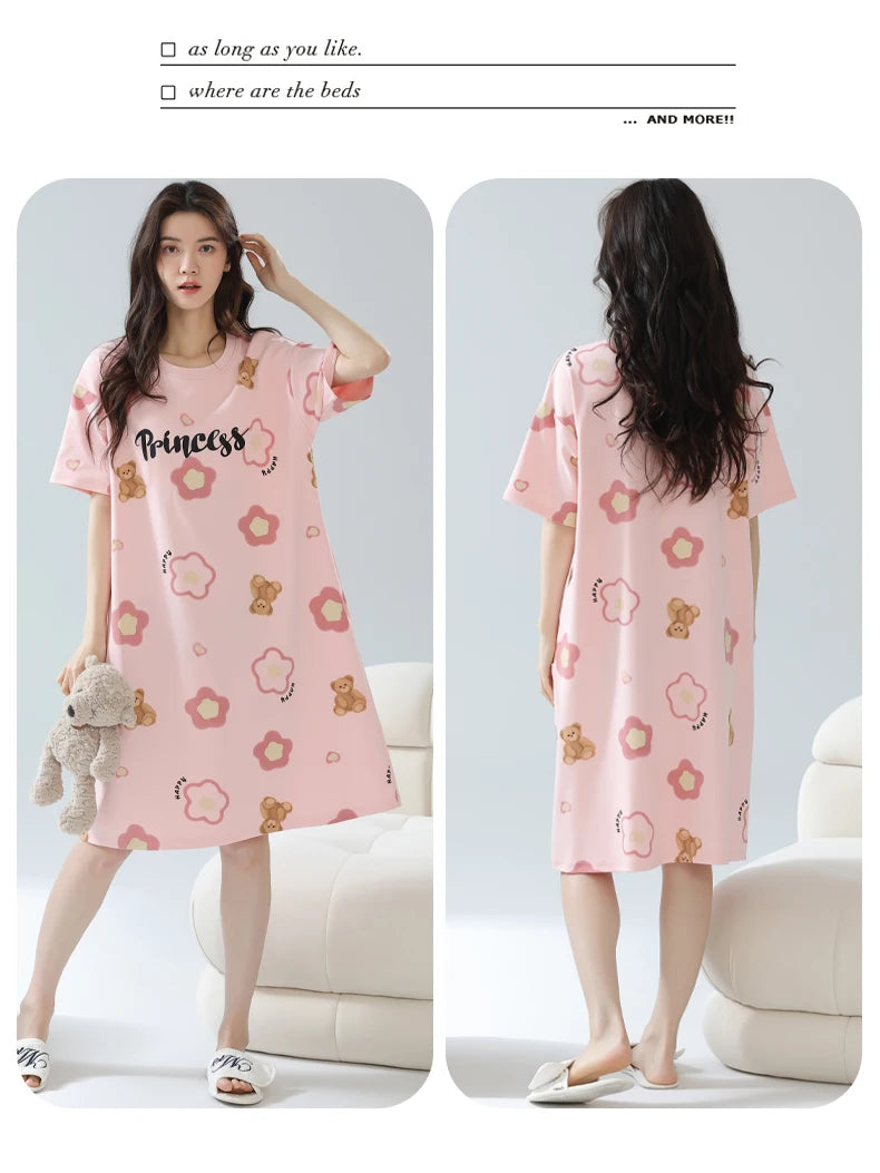 Women’s Cotton Nightgown – Korean Style Cute Print, Summer Short Sleeve Sleepwear Dress