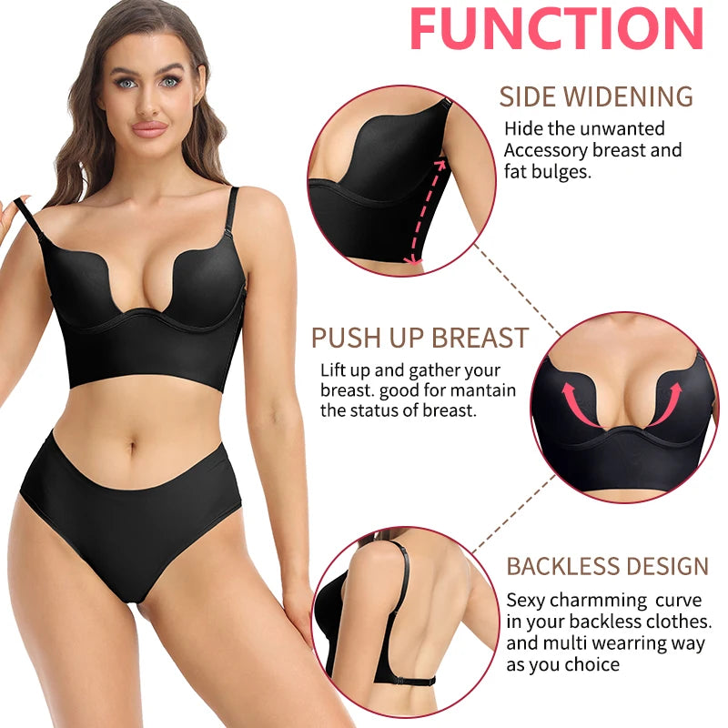 Plunge Bra Deep U Push Up Underwear Women Invisible Low Cut Backless Shapewear Padded Wedding Lingerie Multi-way Bralette