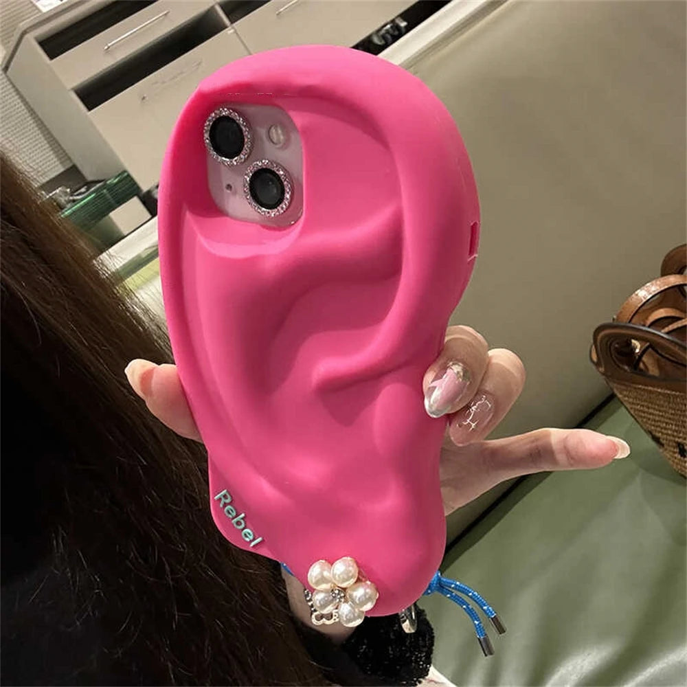 INS Cute Funny Ear Piercing Phone Case For iPhone 15 13 14 Pro Max Creative Irregular Camera Protection Soft Silicon Cover