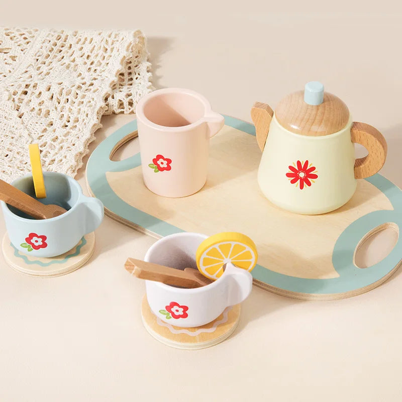 Wooden Tea Set Pretend Play Toy with Teapot and Teacups