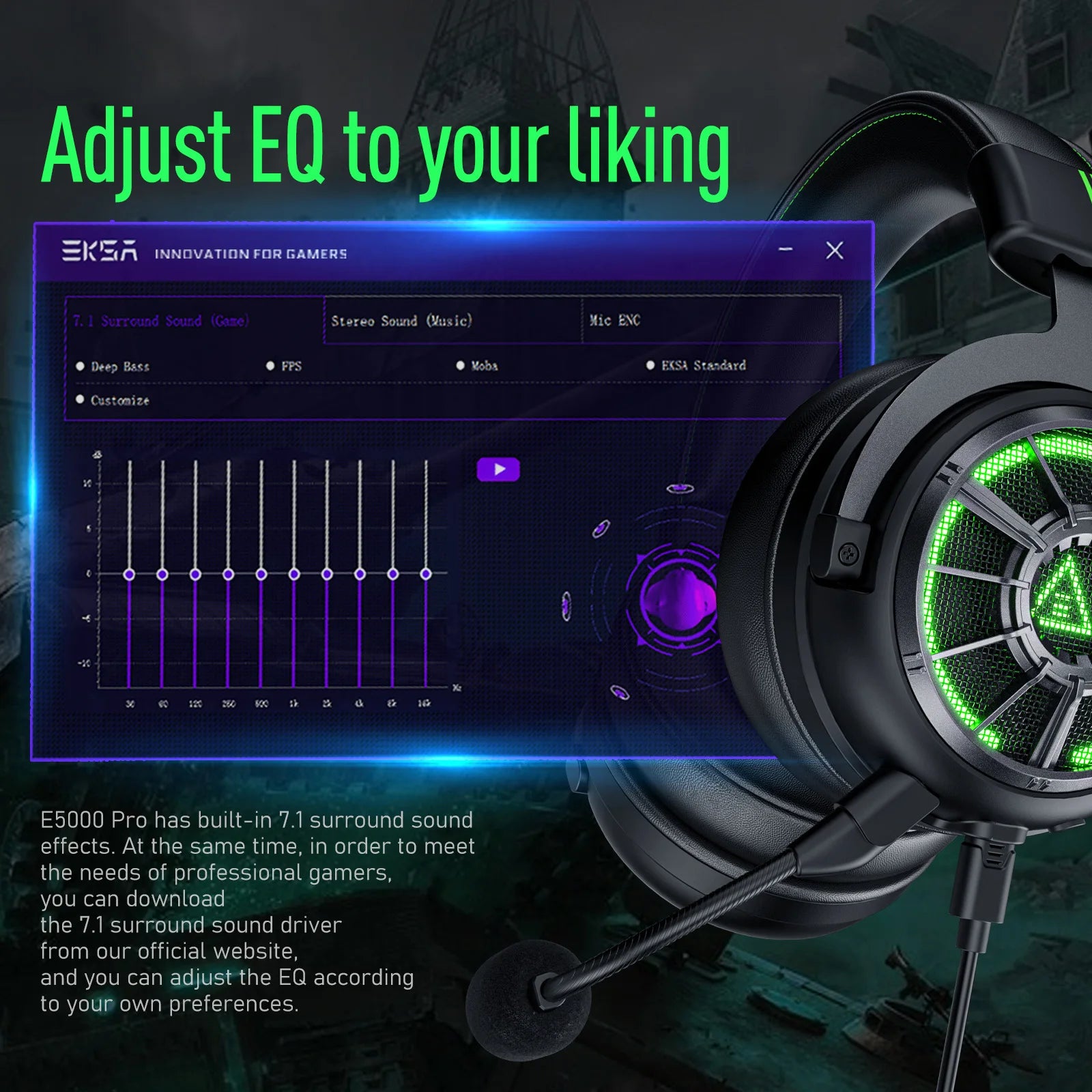 EKSA StarEngine Pro Wired Gaming Headset 7.1 Surround PC Headphones Gamer With ENC Mic USB/Type C/3.5mm for PS4 PS5 Xbox