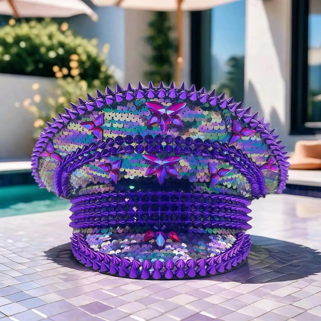 Violet Pool & Beach Steampunk Top Hat, Elegant Captain Hat Rhinestone Burning Man Woman, Party Caps for Man Original