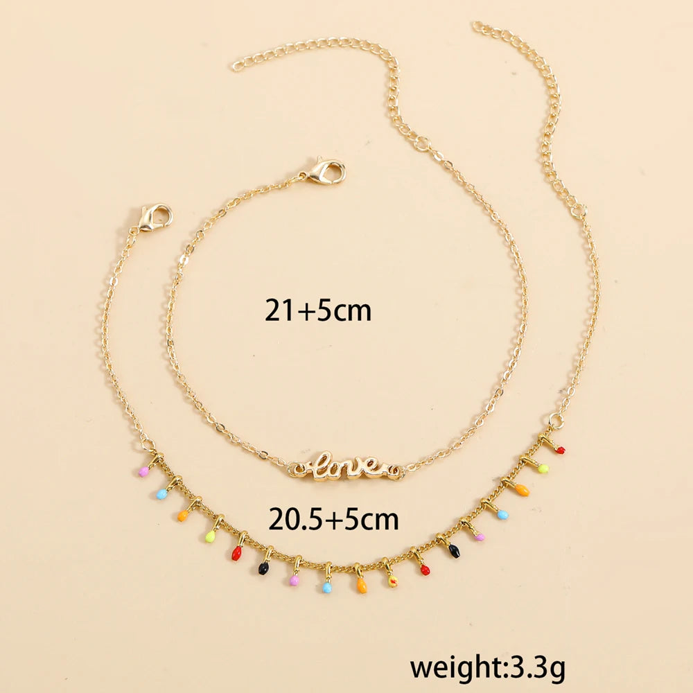 Bohemian Colorful Beads Chain Anklet Gold Color Letter LOVE Pendant Anklets