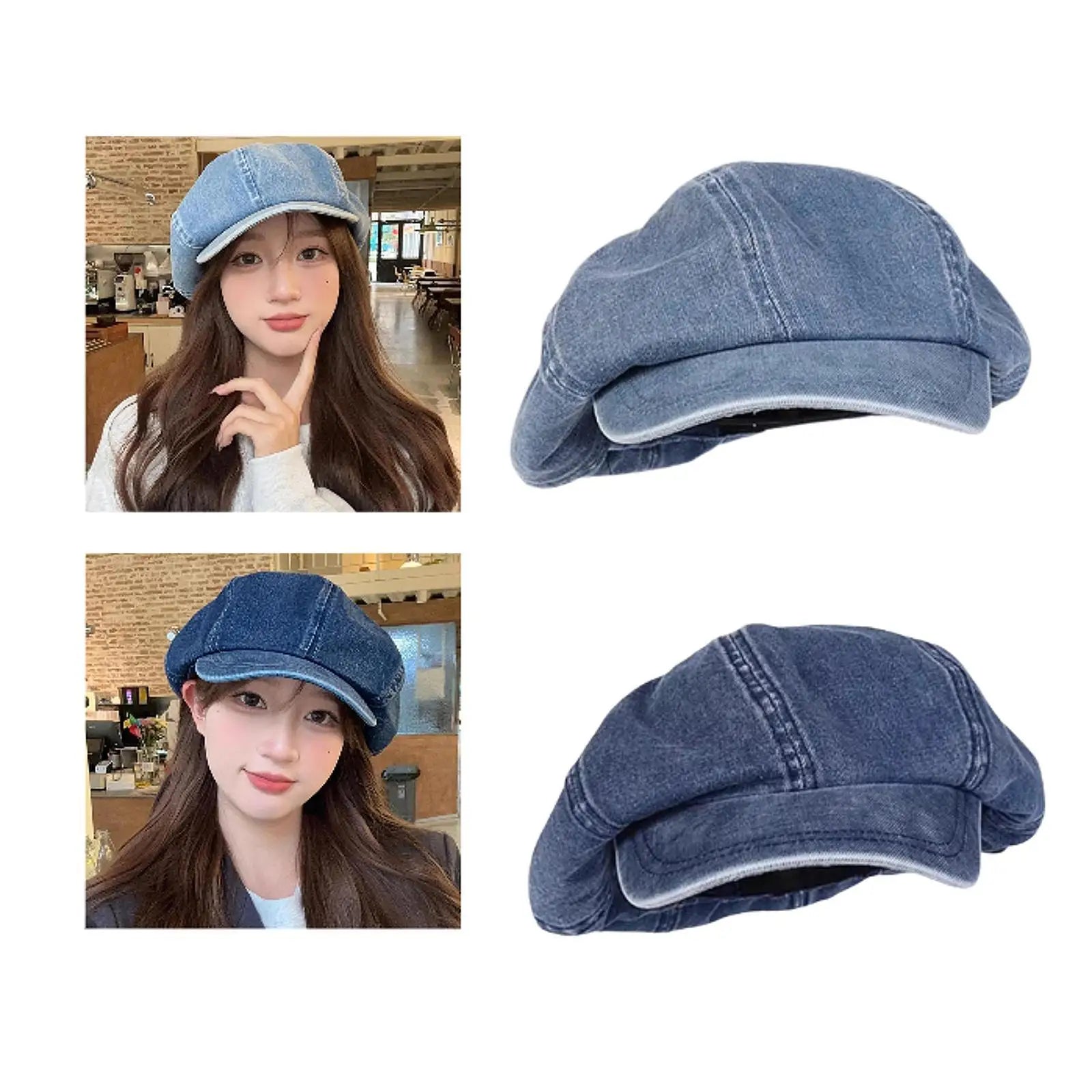 Women Denim Beret Hat Flat Cap Vintage Style Cabbie Hat Classic Newsboy Cap Octagonal Hat for Hiking Travel Driving Trip Outing