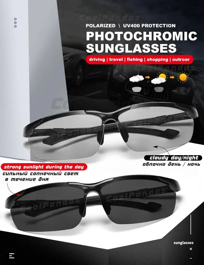Aluminum Rimless Photochromic Polarized UV400 Day Night Driving Sunglasses for Men Women