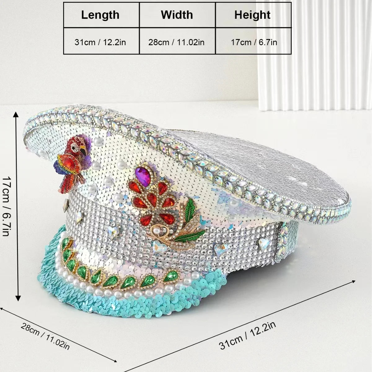 White Steampunk Rhinestone Captain Hat for Burningman Festival Woman, Vintage Military Cap for Man New Designs