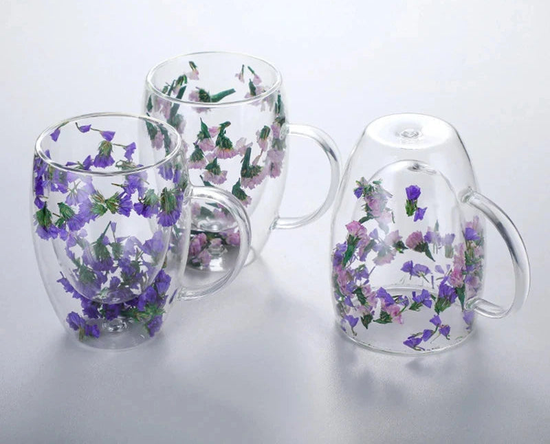 Double Wall Glass Coffee Mugs Double Insulated Glass Cup 350ml Flower Design