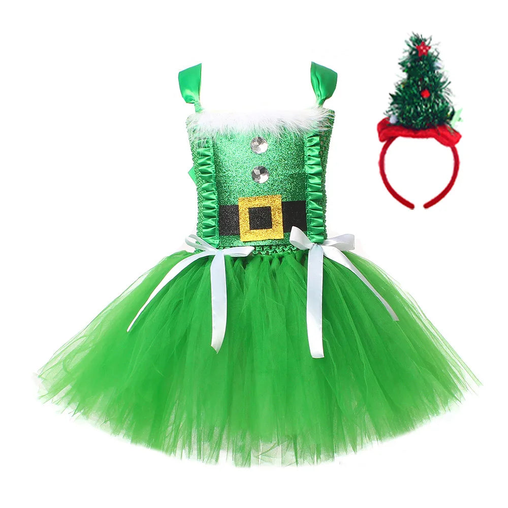 Sparkly Christmas Elf Tutu Dress for Girls Santa Claus Costumes for Kids Birthday Halloween Outfit Children Xmas Holiday Clothes