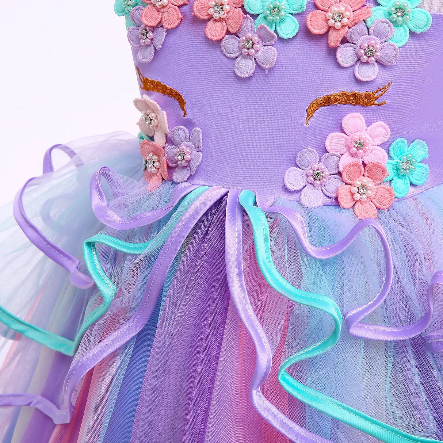Rainbow Unicorn Princess Dress with Bow and Tulle Skirt Birthday Party Costume