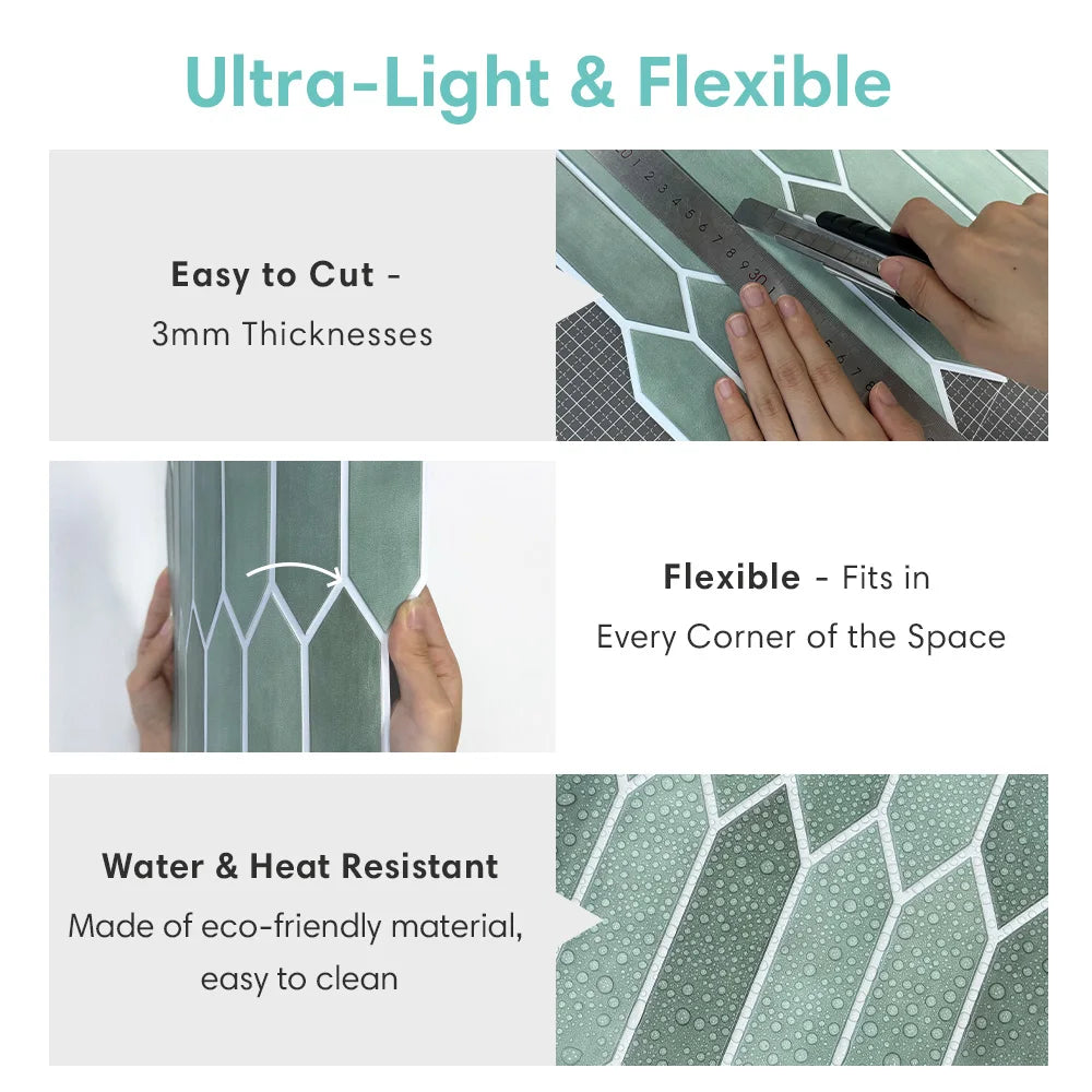 10pcs 3D Self-adhesive Wall Tiles, Green Tile Backsplash Peel and Stick, Mold Resistant Bathroom Tile Stickers, 30cm x 30cm