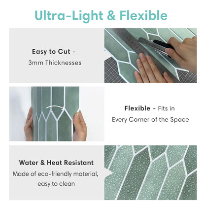 10pcs 3D Self-adhesive Wall Tiles, Green Tile Backsplash Peel and Stick, Mold Resistant Bathroom Tile Stickers, 30cm x 30cm