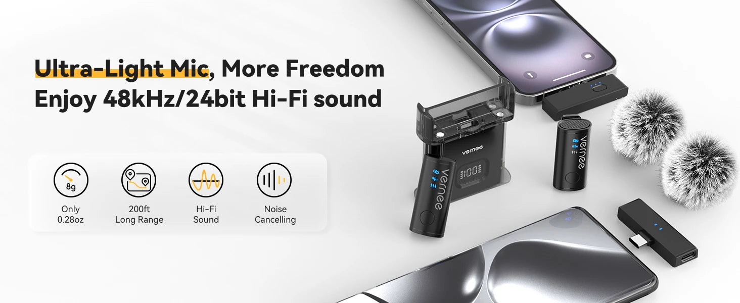 V10 Wireless Lavalier Microphone 60M Noise Cancellation Vlog Short Video Recording Mini Mic for iPhone/Android