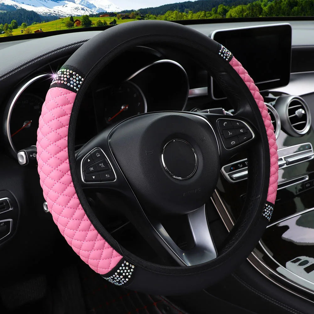 Universal PU Leather Rhinestone Car Steering Wheel Cover