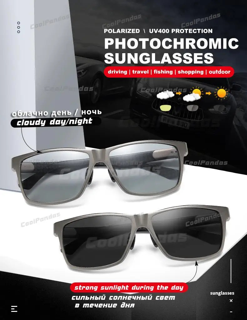 Carbon Fiber Square Photochromic Polarized UV400 Day Night Driving Sunglasses for Men Women