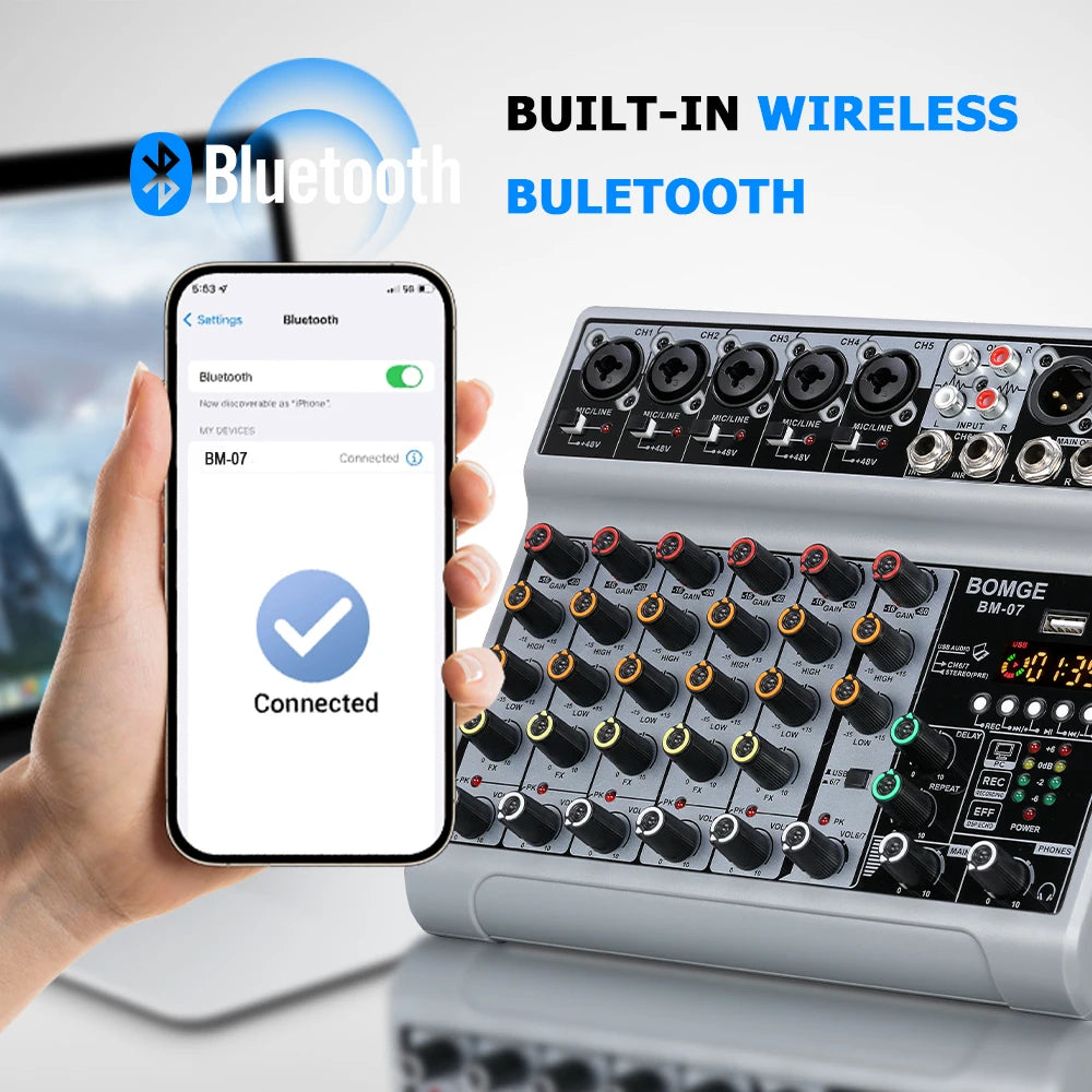 BOMGE 7 Channel Audio Mixer with Bluetooth USB 5 Mic Line 1 Stereo Input XLR Balanced 6.35mm Jack Output With headphone monitor