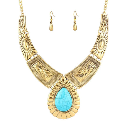 Girls Jasmine Dress Up Jewelry Aladdin Cosplay Metal Exaggerated Droplet Tnecklace with Retro Turquoise Pattern Collarbone Chain