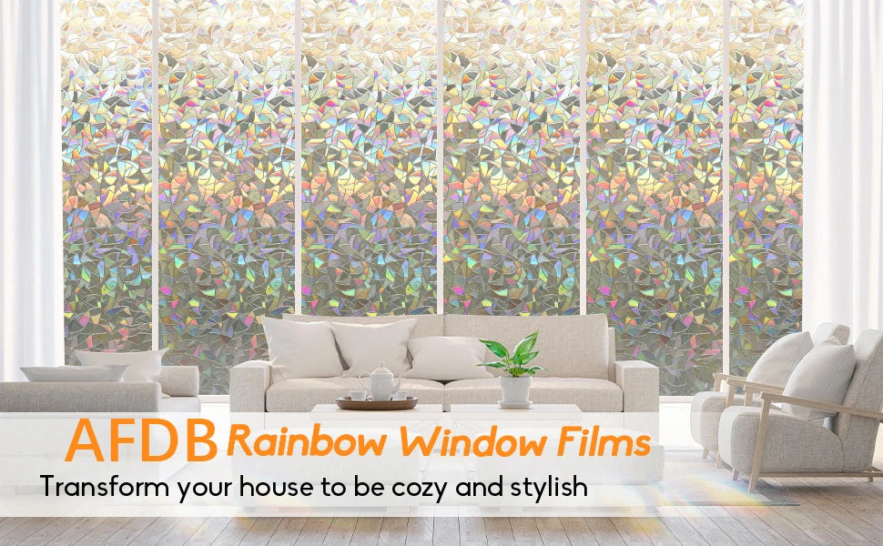 Privacy Window Films No Glue Static Adhesive Glass Film for Decorative Bathroom Living Room Kitchen Rental Apartment Rainbow