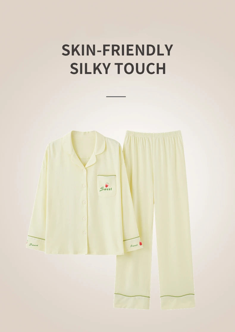 Women’s Winter 100% Cotton Pajama Set – Loose Fit, Turn-Down Collar, Long Sleeves, Cute Pink