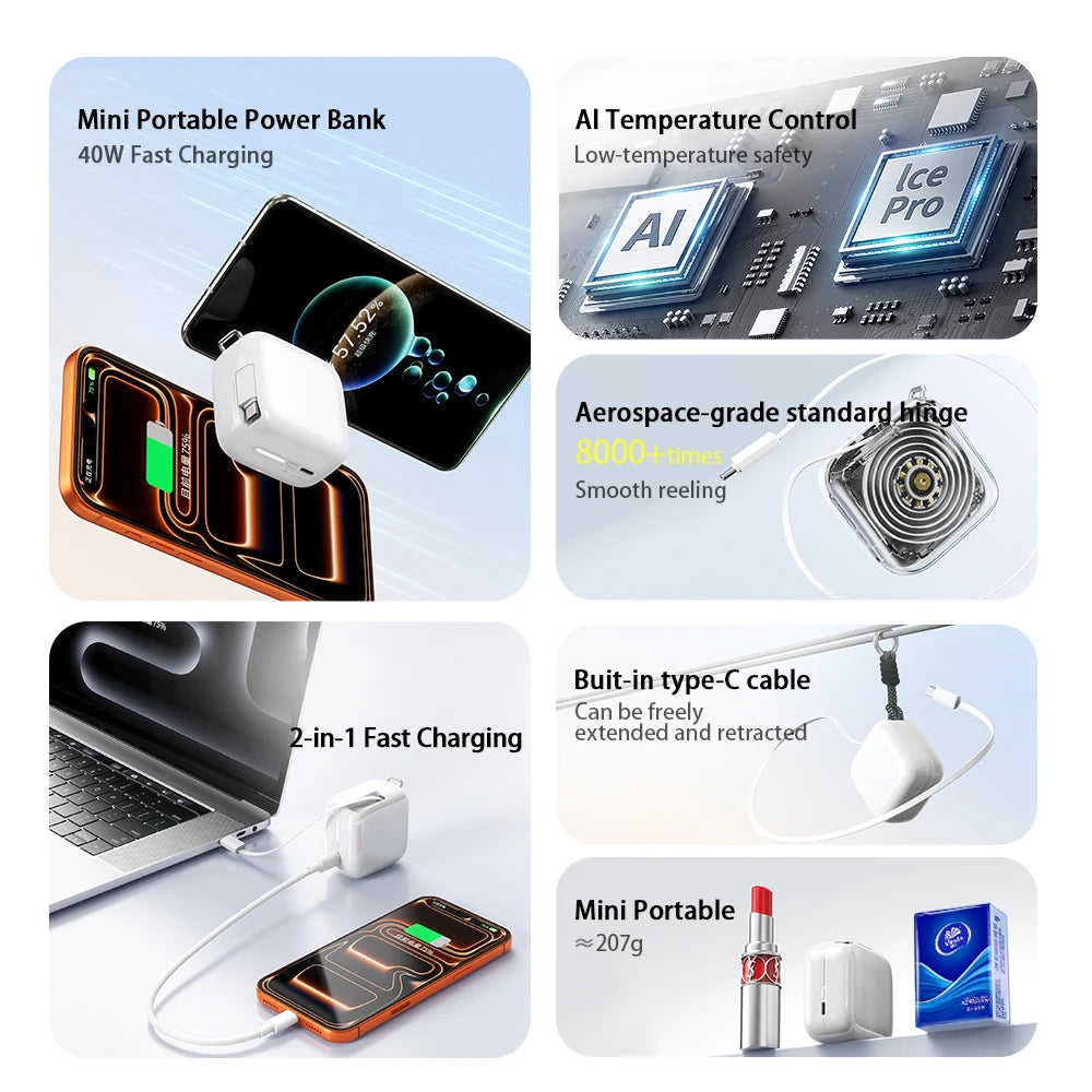 40W Fast Charging Protable 10000mAh PowerBank Gallium Nitride With 70cm Retractable Type-C Cable for iPhone 17 16 Xiaomi Huawei