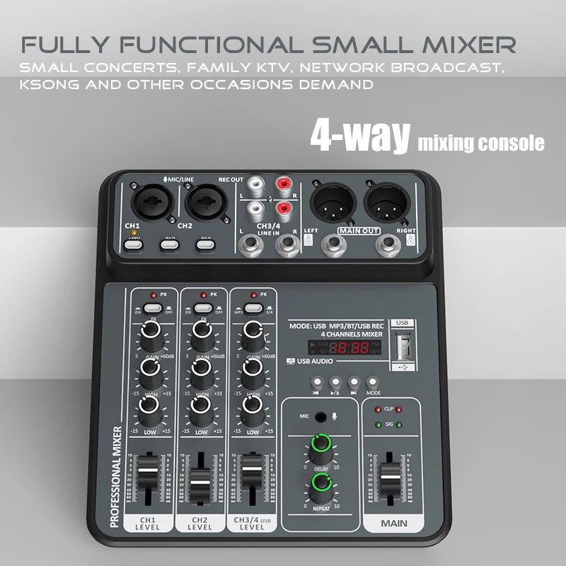 4 Channel Audio Recording Mixer With Bluetooth USB And 48V Phantom Power Light Grey
