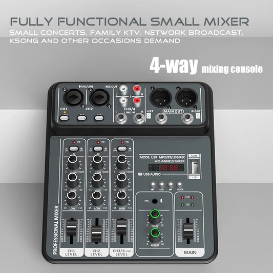 4 Channel Audio Recording Mixer With Bluetooth USB And 48V Phantom Power Light Grey