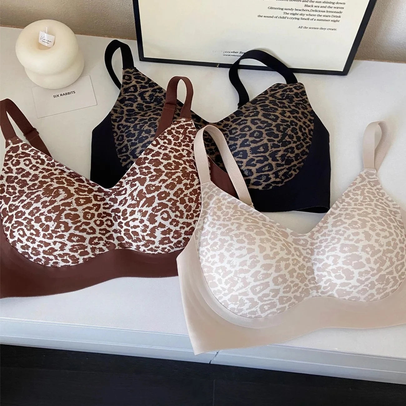Womens Leopard Print Seamless Wireless Push Up Bra