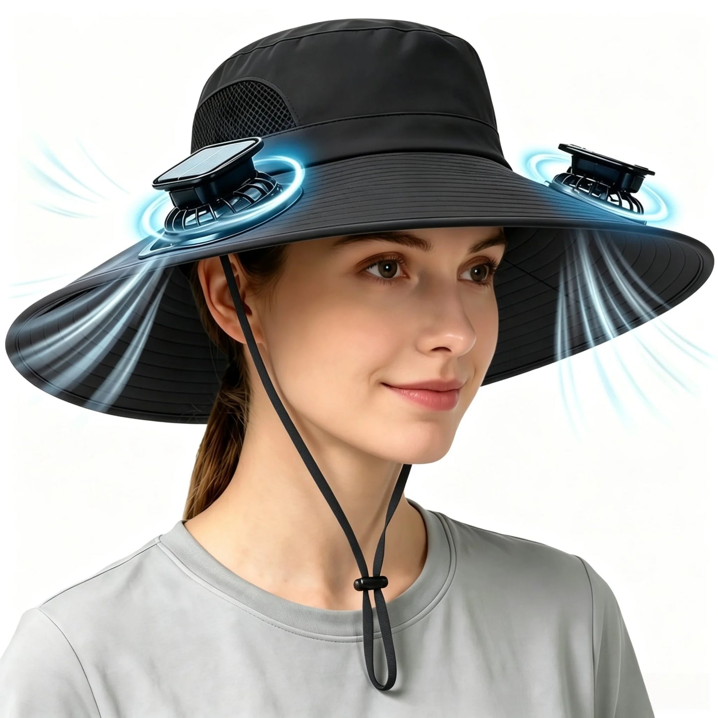 Wide Brim Solar Fan Sun Hat With Dual Fans