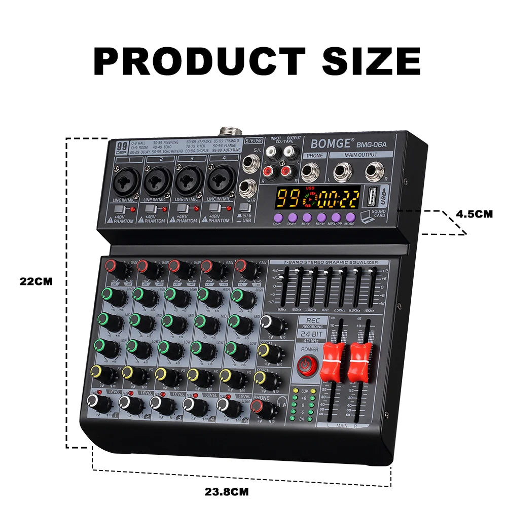 6 Channel Audio Mixing Console with 99 Effects 7 Band EQ USB Recording and Bluetooth