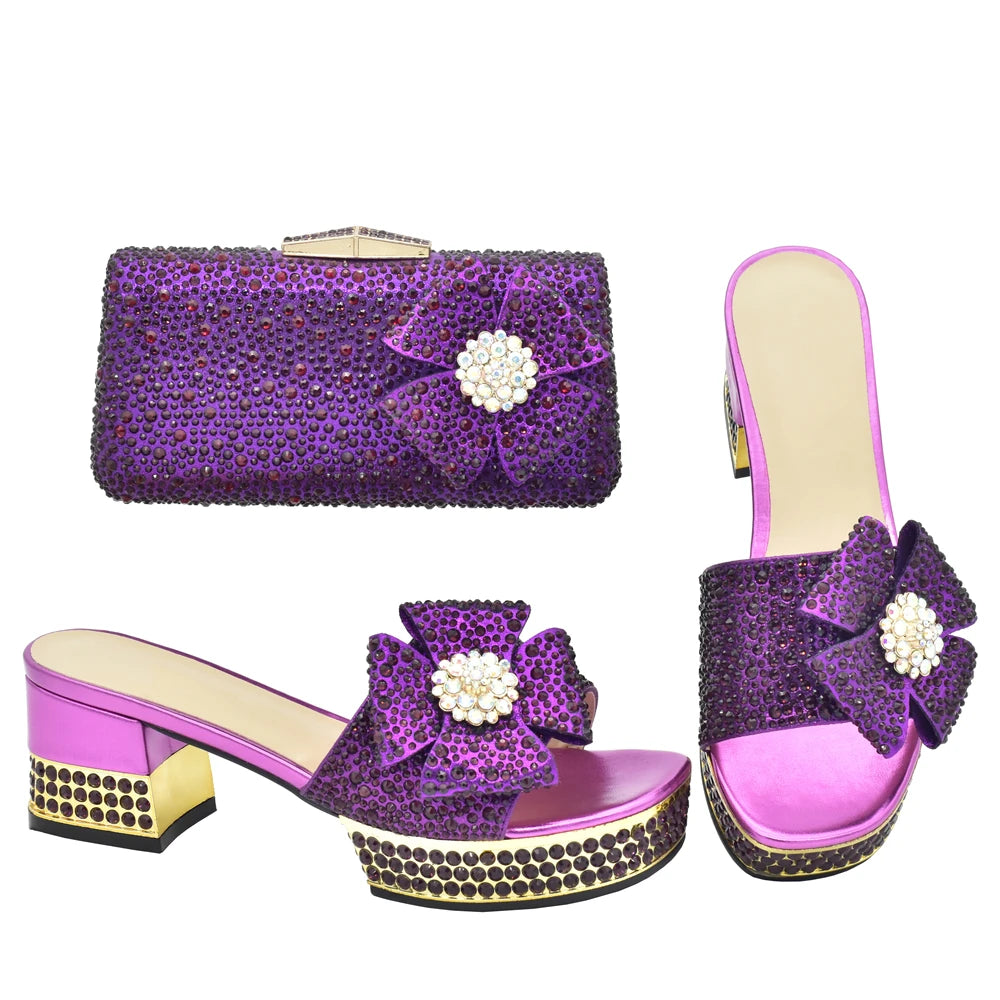 Nigerian Italian Shoes and Bags Set Decorated with Rhinestone Luxury Shoe and Bag Set for Party in Women