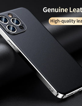 Genuine Cowhide Leather Phone Case for iPhone 16 14 15 Pro Max Plus 16Pro Luxury Plating Full Lens Protection Cover