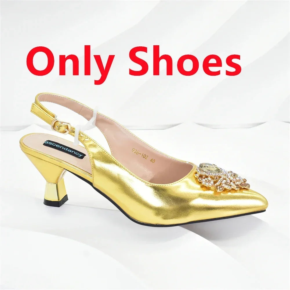 Latest Party Shoes and Bags To Match for Nigerian Luxury Pointed Toe Shoes with Rhinestones Party Ladies Shoes and Bag Set