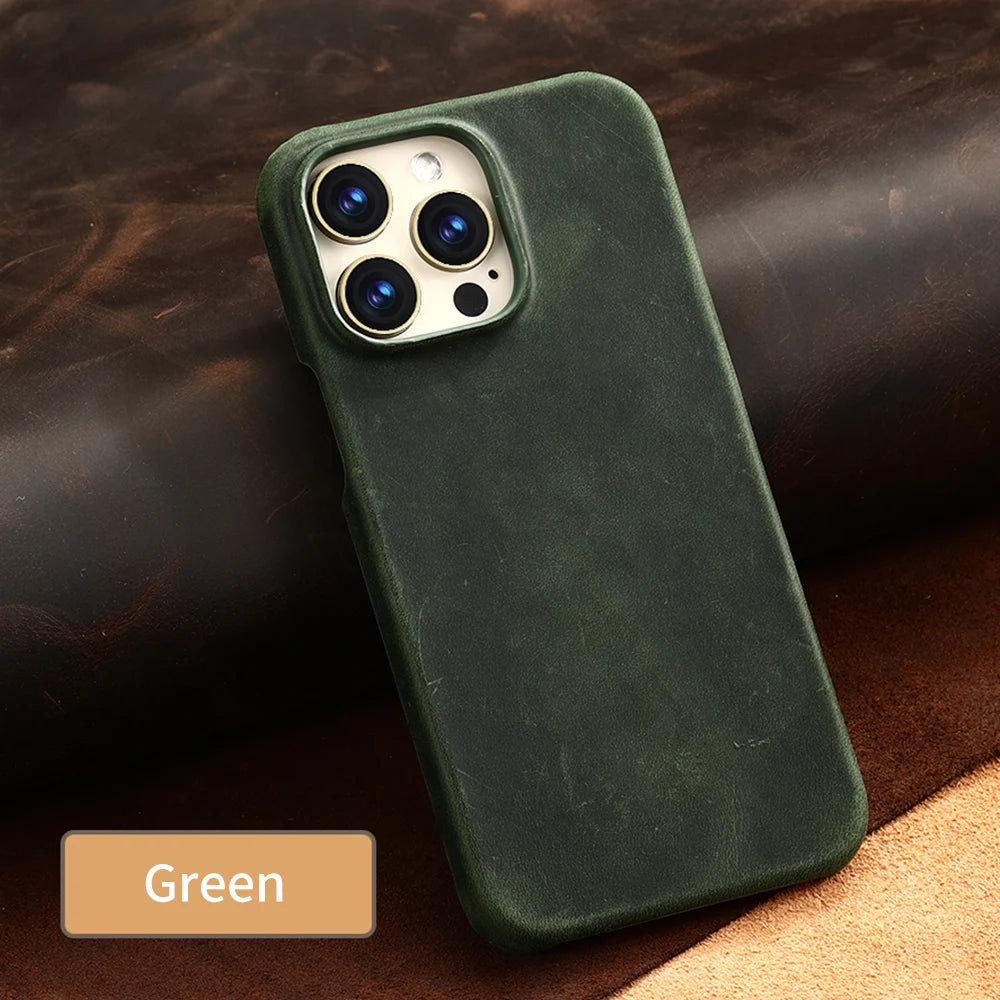 Retro Cowhide Phone Case for iPhone 16 15 14 Pro Max 16Pro 14Pro 15Pro Luxury Crazy Horse Genuine PULL-UP Leather Back Cover