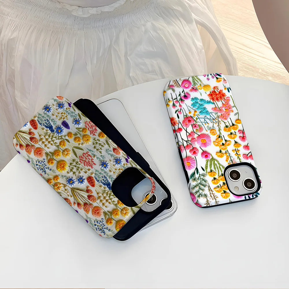Wildflower Boho Embroidery Effect Flower Case for iPhone 16 15 Pro Max 14 Plus Protective 2 in 1 Double Deck Cover