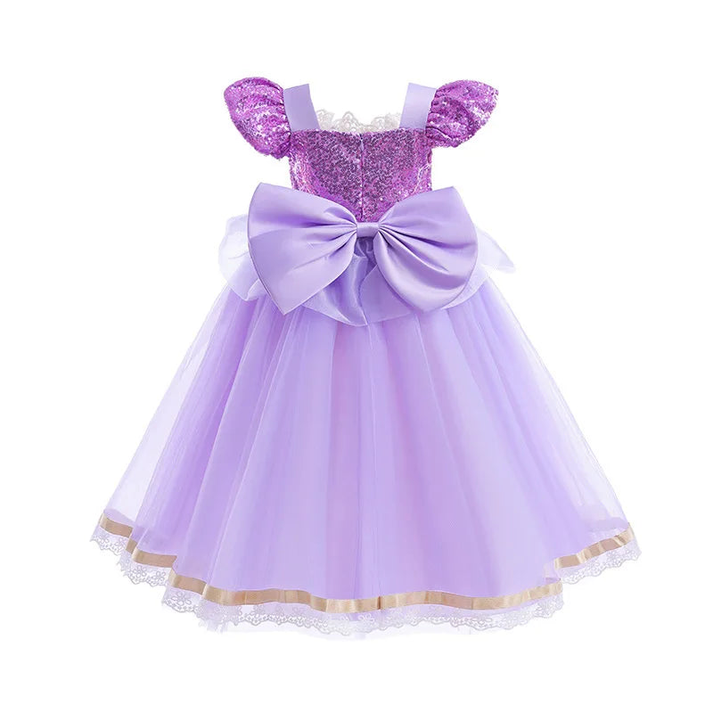 Purple Puff Sleeve Princess Ball Gown with Lace and Sequins