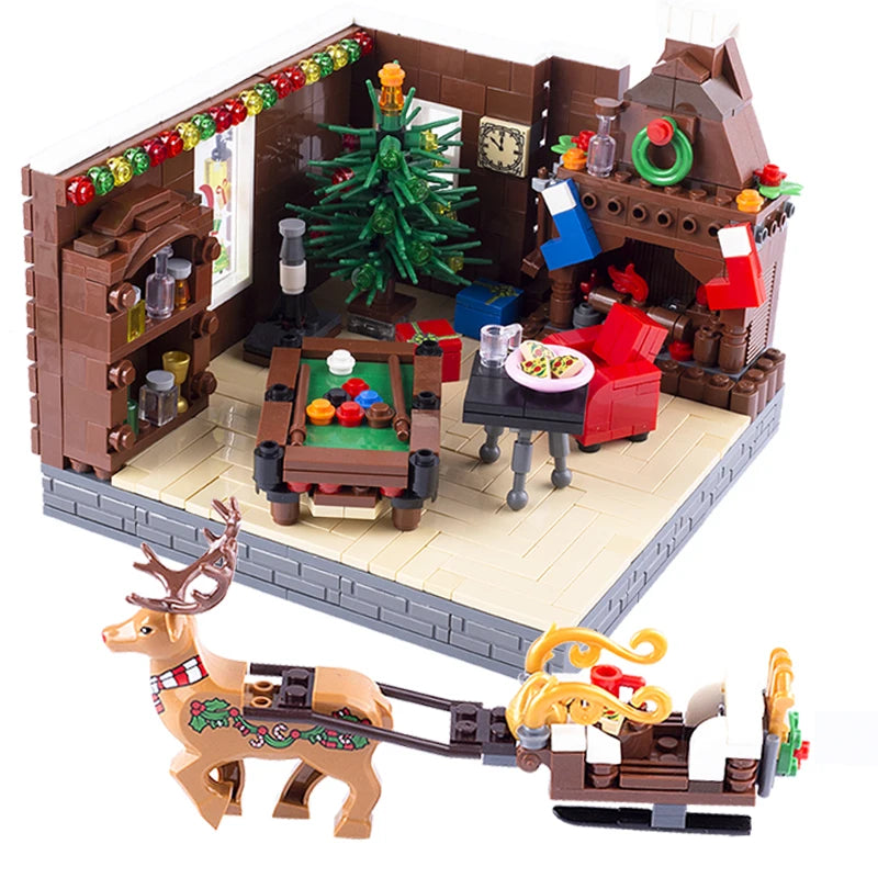 Christmas Village House Building Blocks Sleigh Reindeer Tree Present Car Wreath Fireplace Gingerbread Man Bricks Toys  Gift