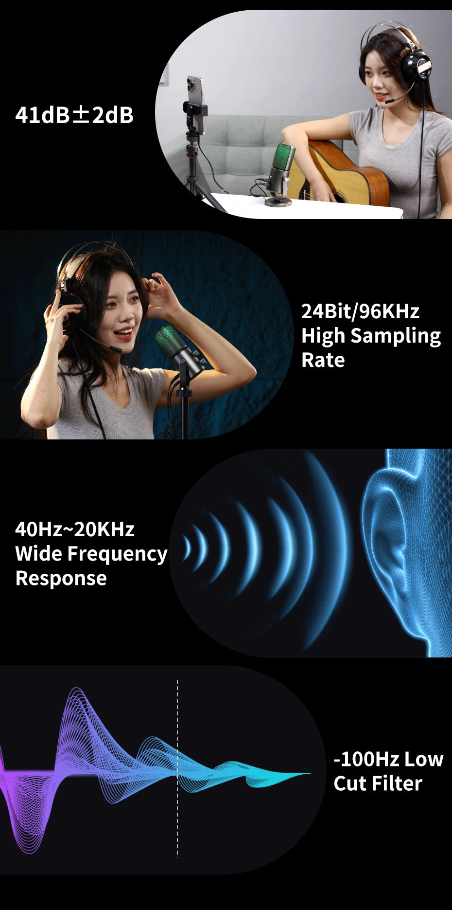 Condenser Microphone Cardioid Pattern Microphone Real-Time Monitoring for Smartphone Laptop Computer  40Hz-20KHz