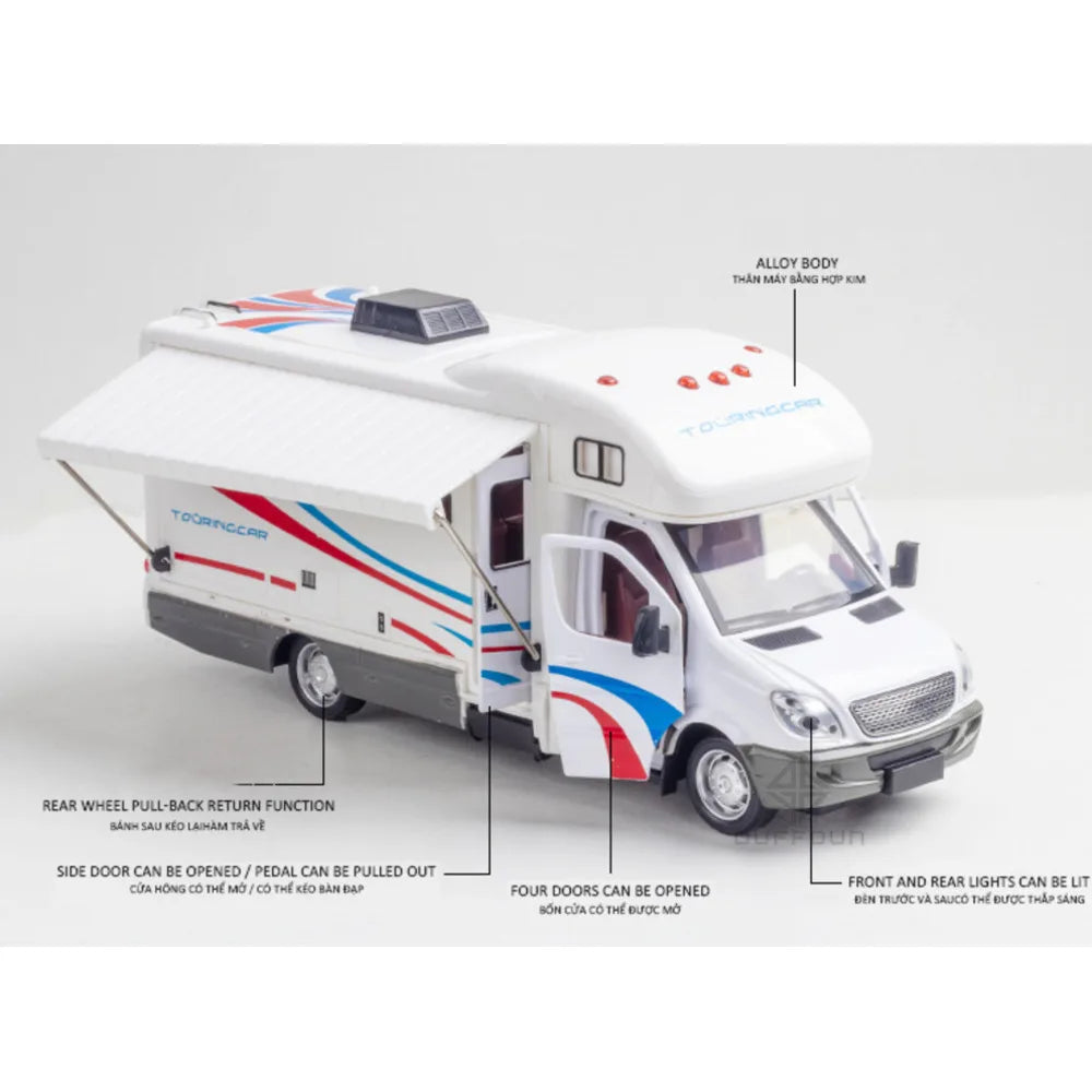 1:32 Alloy Diecast Touring Car Model Toys 3 Doors Opened Sound Light Campervan RV Trailer Vehicles s Toy Gift Collection