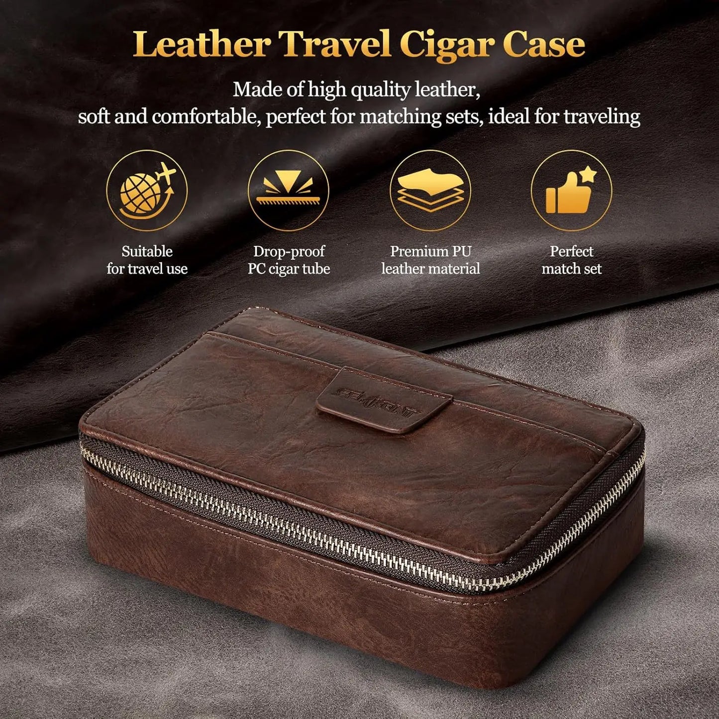 Cigar Humidor, Leather Travel Cigar Case, Include 4 Cigar Tubes & Humidifier, Cigar Draw Enhancer and Multifunction Cigar Cutter
