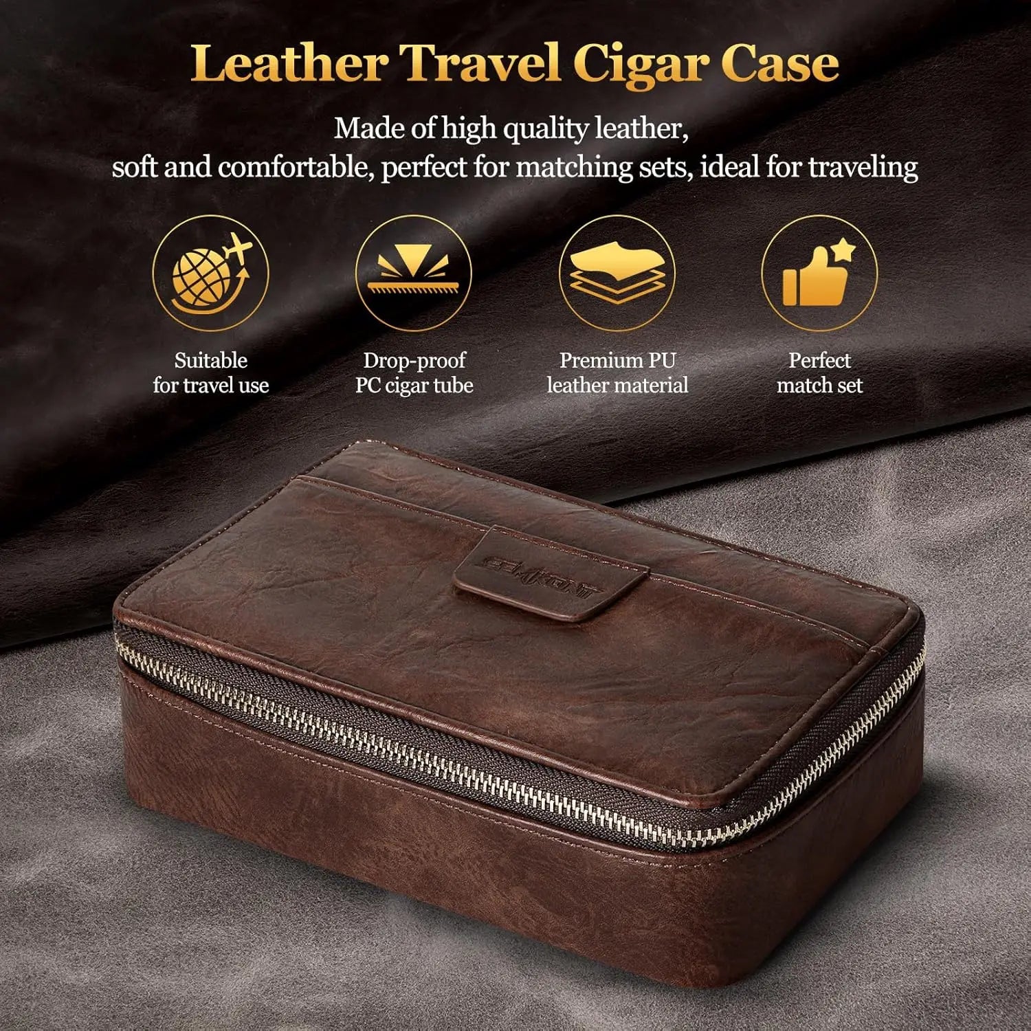 Cigar Humidor, Leather Travel Cigar Case, Include 4 Cigar Tubes & Humidifier, Cigar Draw Enhancer and Multifunction Cigar Cutter