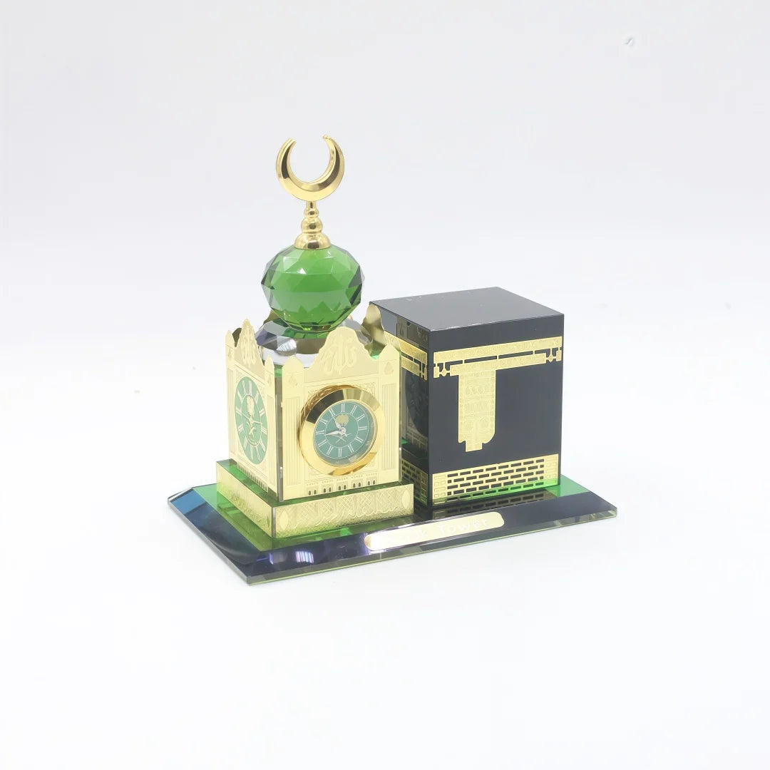 Islamic Crystal Kaaba Clock Tower Model Gilded Miniature Showpiece Religious Architecture Muslim Home Decor
