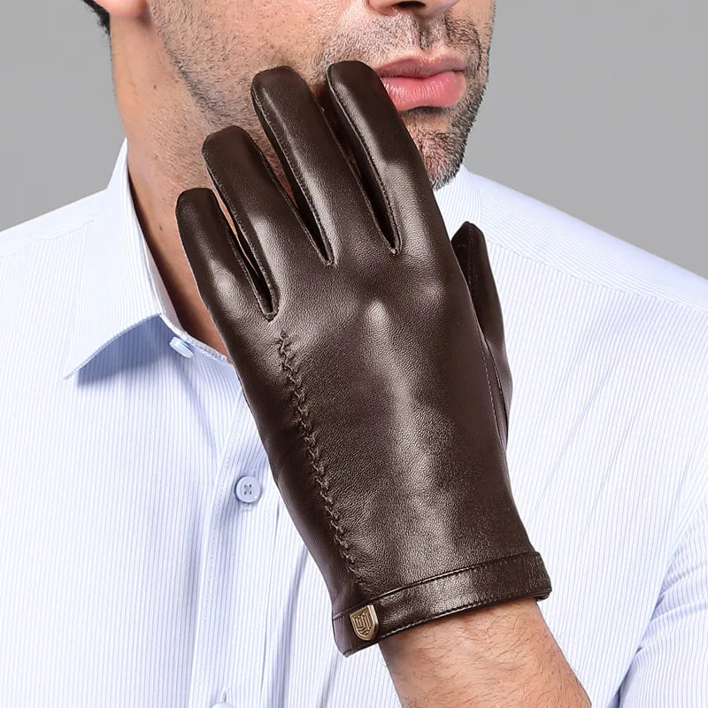 Man Genuine Leather Button Black Thick/Thin Gloves Male Commercial Business meeting MC Host Driving