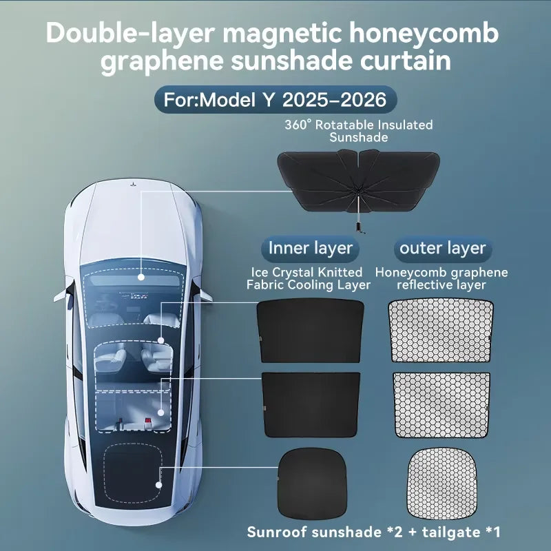Graphene Honeycomb Sunshade Set for Tesla Model 3 Highland and Model Y Juniper 2025 2026