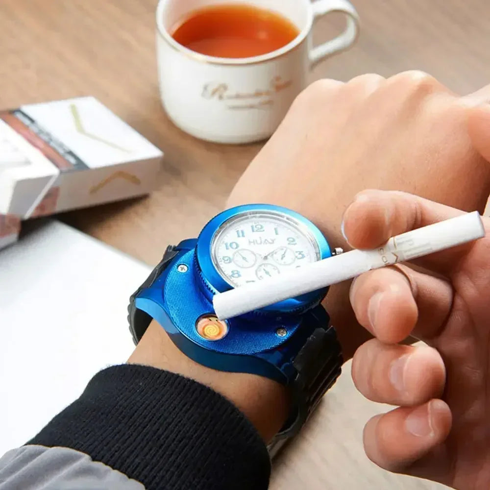 Silent Heating Wire Quartz Electronic Watch Lighter Metal Multifunction Cigarette Lighter USB Charging Silicone Watch Men's Gift