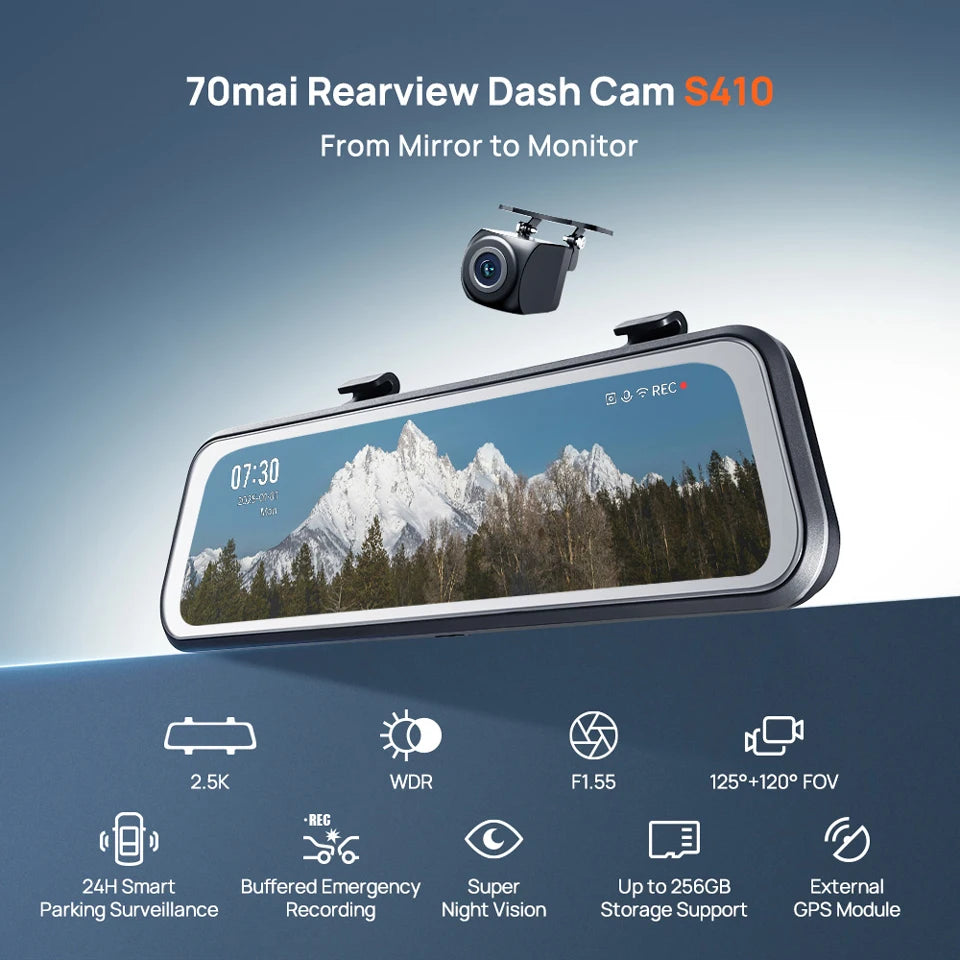 Rearview Dash Cam S410 9.35" Touch Screen Mirror Dash Cam – Dual Channel 1440P HDR Front & Rear Car DVR with WiFi, Night Vision, G-Sensor