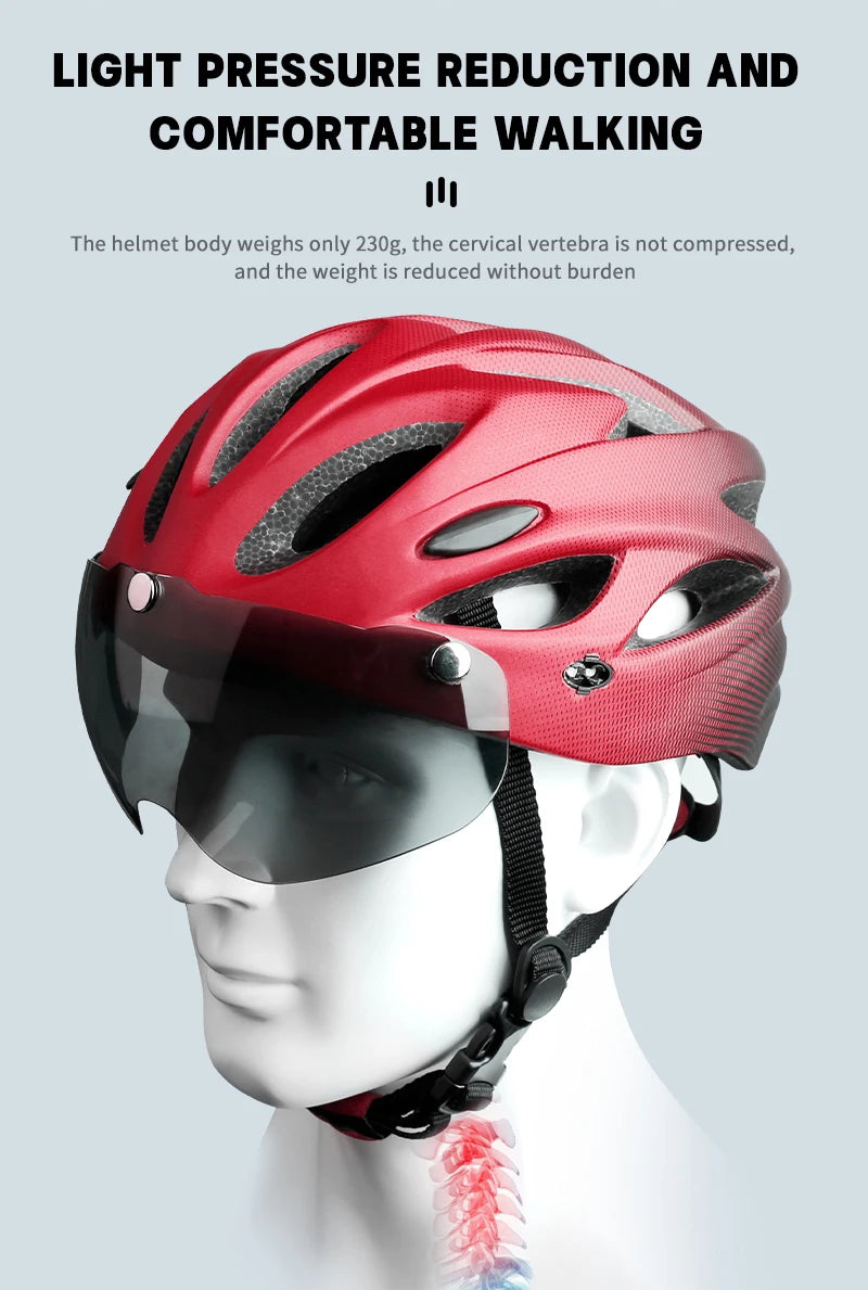 Ultra Lightweight Cycling Helmet With Magnetic Goggles And LED Rear Light