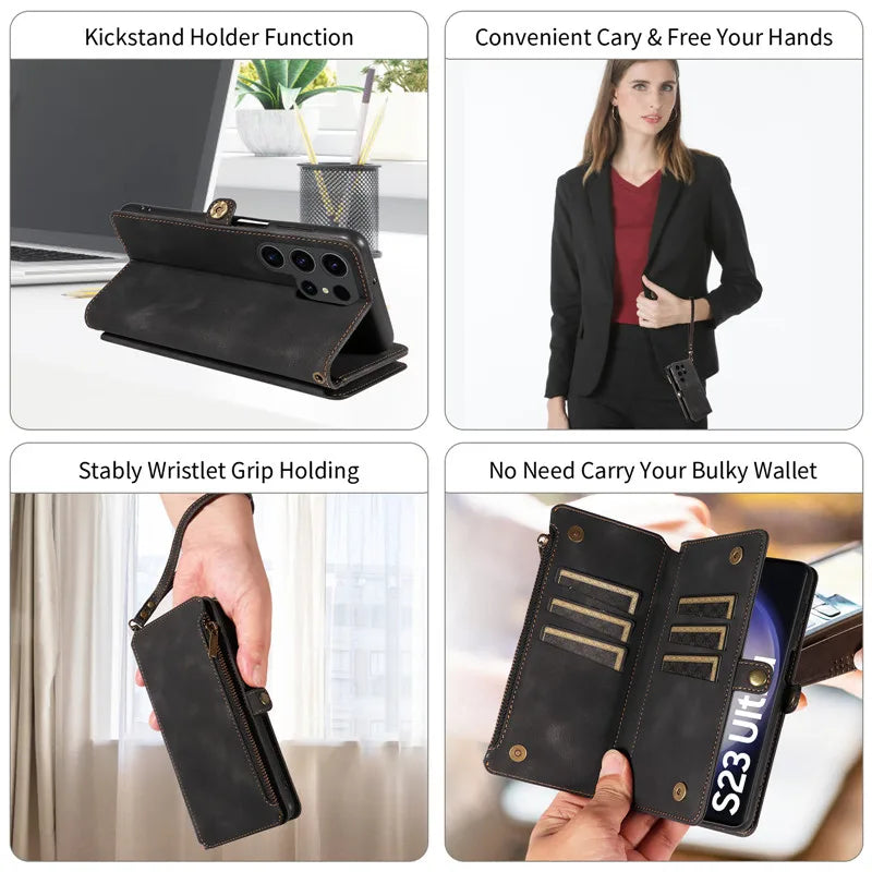 Luxury Leather Flip Wallet Case with Lanyard for Samsung Galaxy S26 / S25 / S24 / S23 Ultra & Plus – Magnetic Full Coverage Phone Bag Cover
