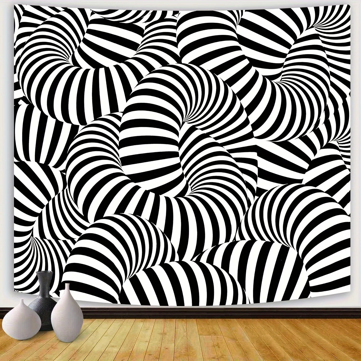 Optical Illusion Tapestry Distorted Cylinder Stripes Black and White Visual Modern Minimalist Style Living Room Decor