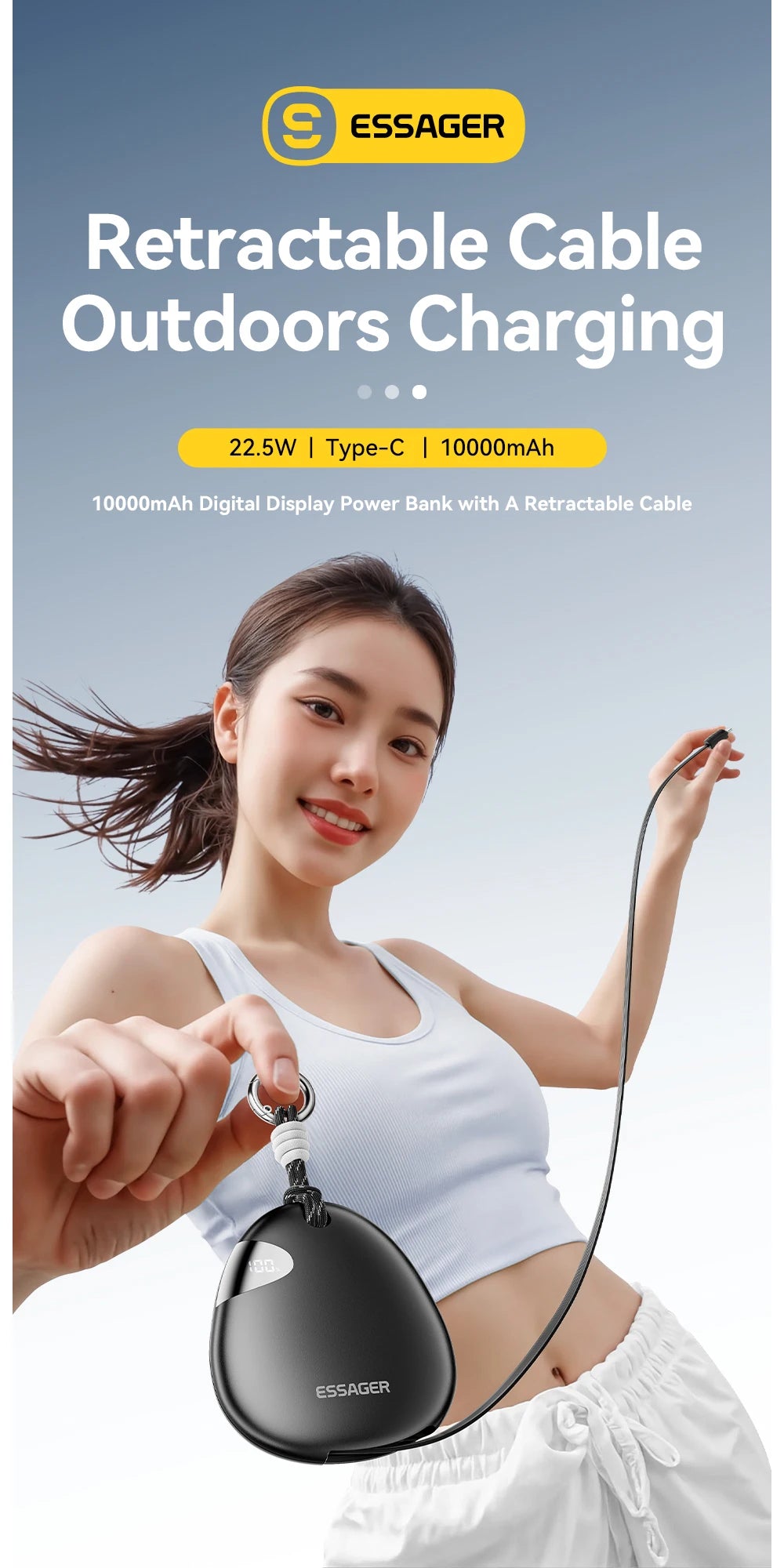 10000mAh Power Bank 22.5W Fast Charging Retractable Cable Wireless Charging with Digital Display & SOS Light